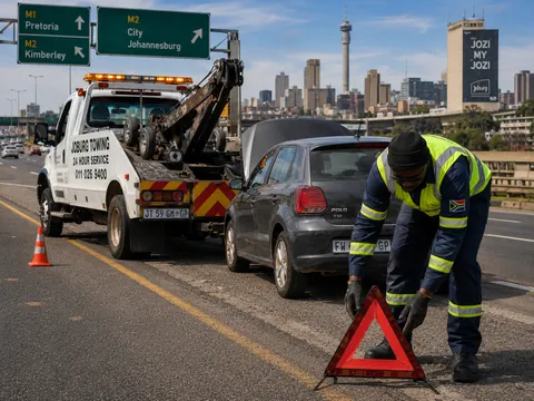 Tow operator placing a safety triangle beside a broken-down car in Johannesburg
