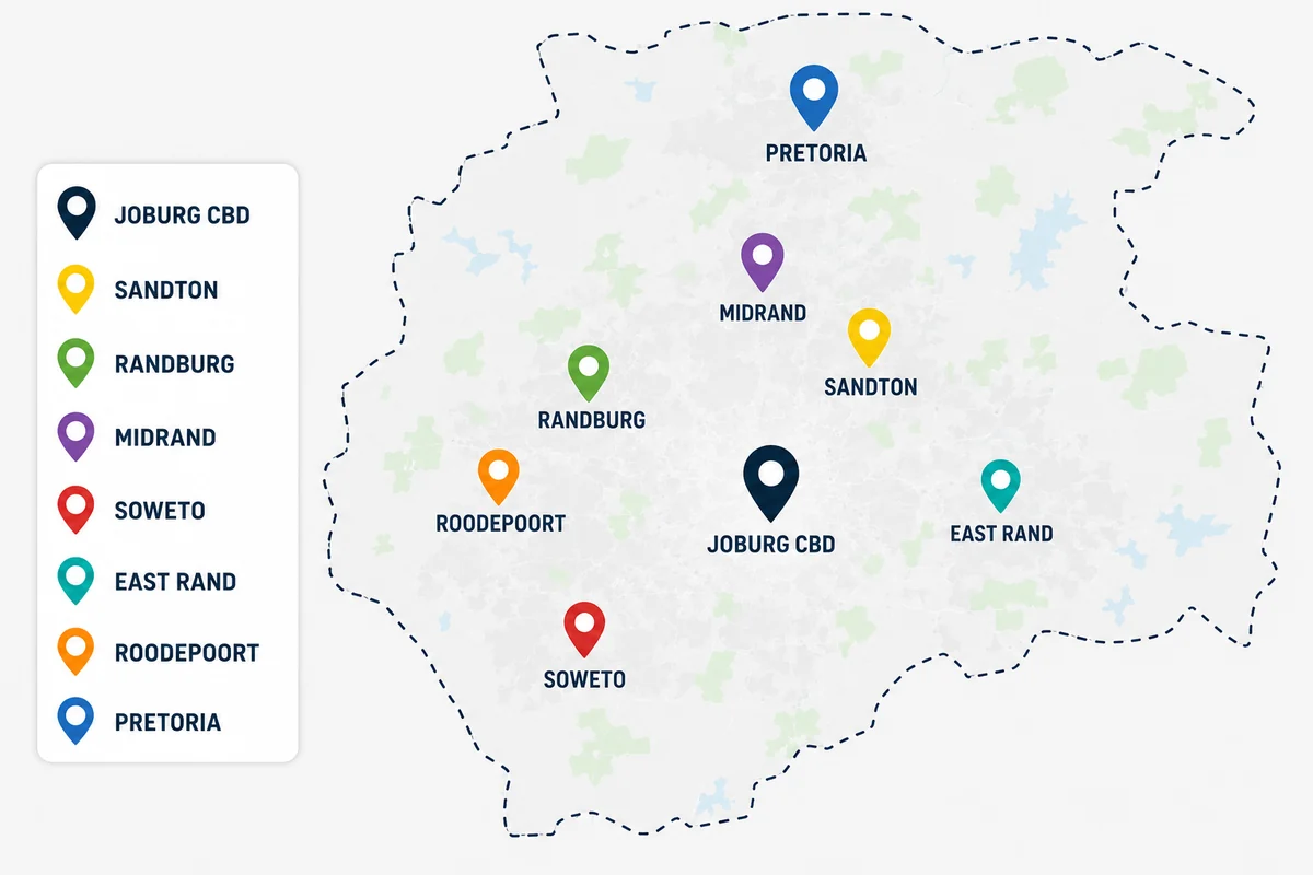 Decorative Gauteng towing service area map showing Joburg CBD, Sandton, Randburg, Midrand, Soweto, East Rand, Roodepoort, and Pretoria